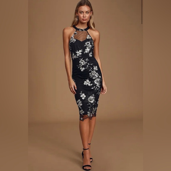Lulus Dresses & Skirts - Lulus Black Floral Sheath Dress with Mesh Neckline